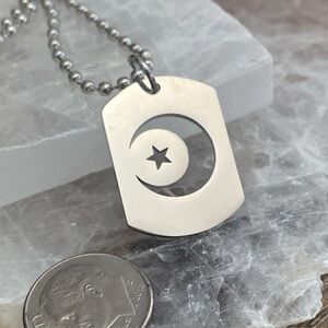 Silver Stainless Steel Moon Star Dog Tag Pendant Necklace